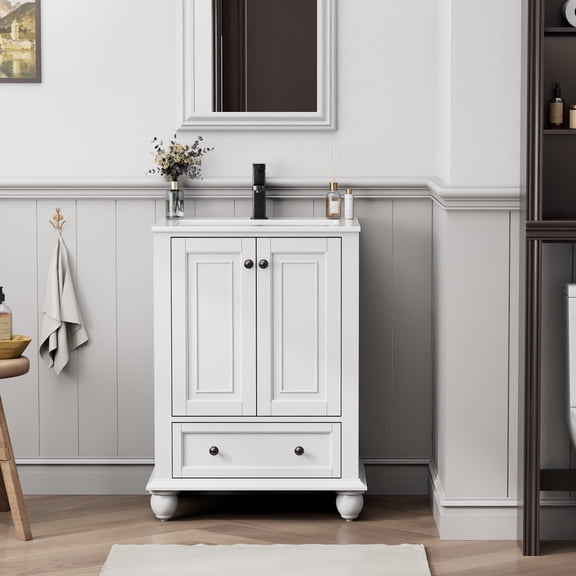 Eclife 24" Mid Century Bathroom Vanity Cabinet Classic with Ceramic Sink Top, White