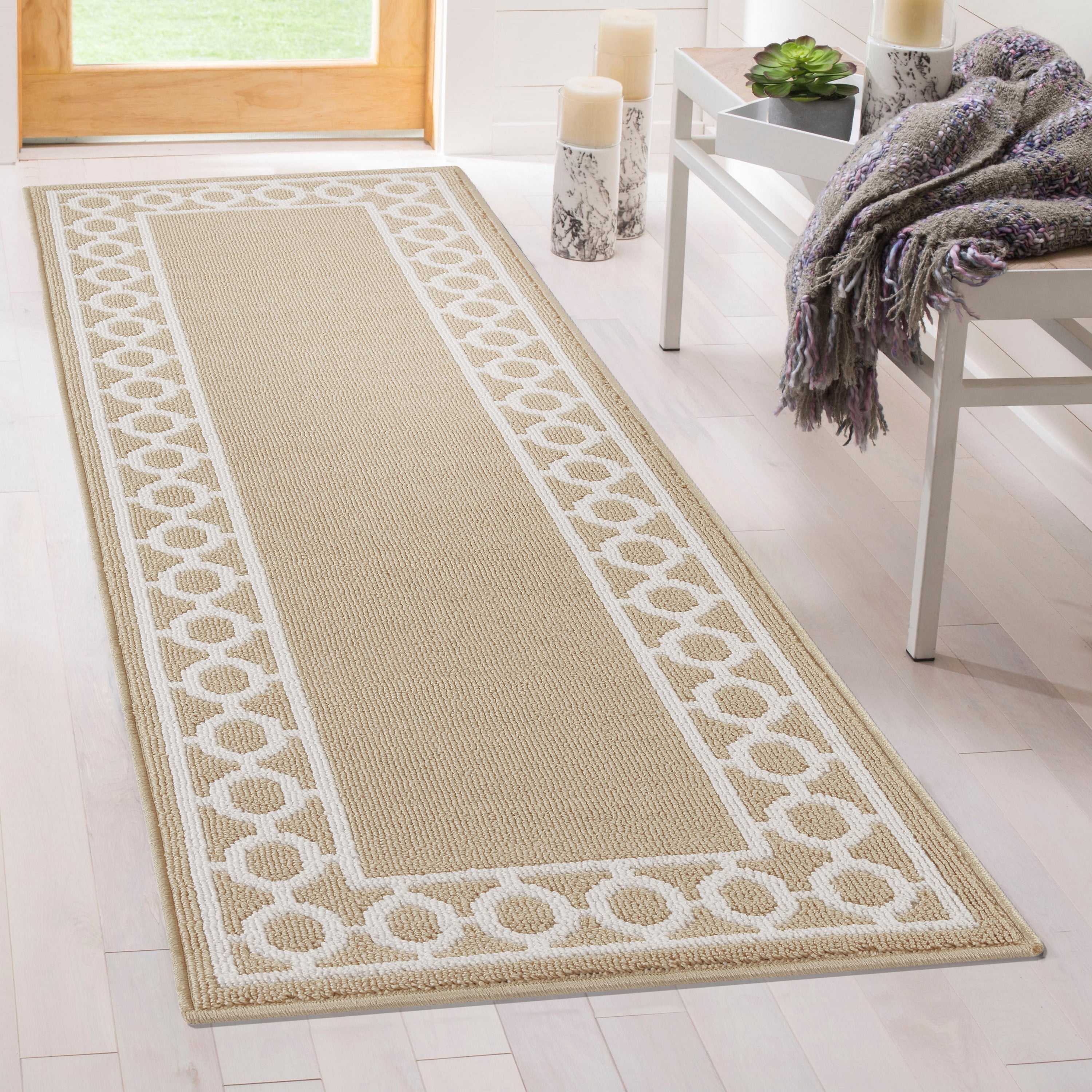 Washable Skid-Resistant Runner Rug, Trellis Border, Beige and White, 26" x 60"