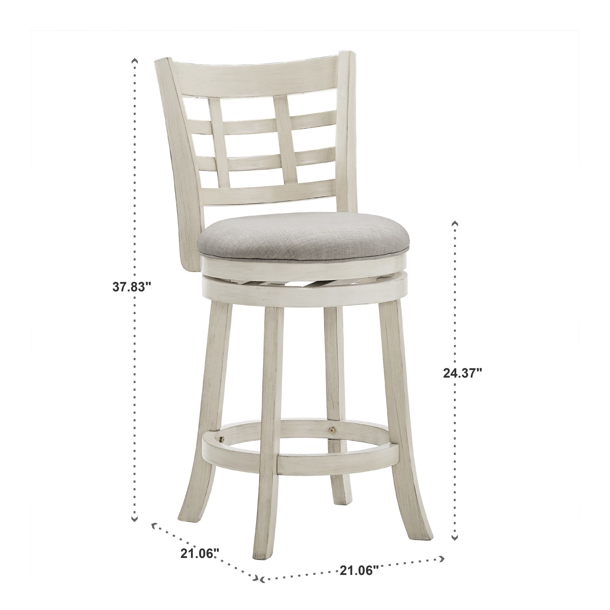 Weston Home Shapel Window Back 24"H Swivel Counter Height Stool, Antique White Finish, Grey Linen