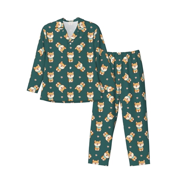 Fotbe Cute Shiba Pijama de Hombre con Estampado de Manga Larga, Conjunto de 2 Piezas, Ropa de Dormir Suave y Cómoda con Bolsillos-Medium