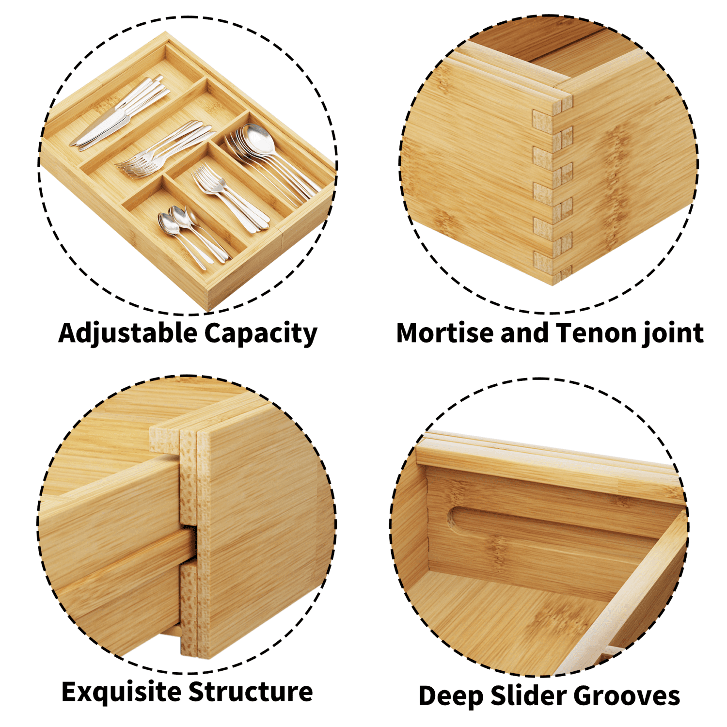 Bambloom Bamboo Expandable Cutlery Drawer，Utensil Silverware Drawer Organizer for Kitchen，with 5 Compartment