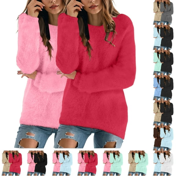 idosla 2PCS Womens Cute Sweatshirt Casual Crewneck Fleece Pullover Long Sleeve Thermal Soft Fuzzy Sweater Winter Clothes 2025 (Hot Pink, XL)