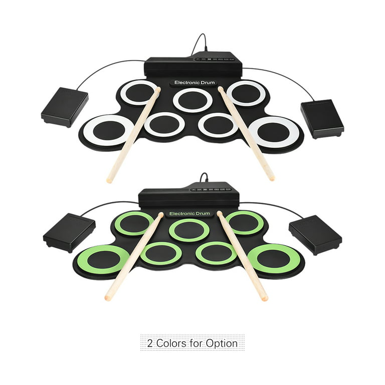 Compact Size Portable Digital Electronic Roll Up Drum Set Kit 7 Silicon Drum Pads USB Powered with Drumsticks Foot Pedals 3.5mm Audio Cable for