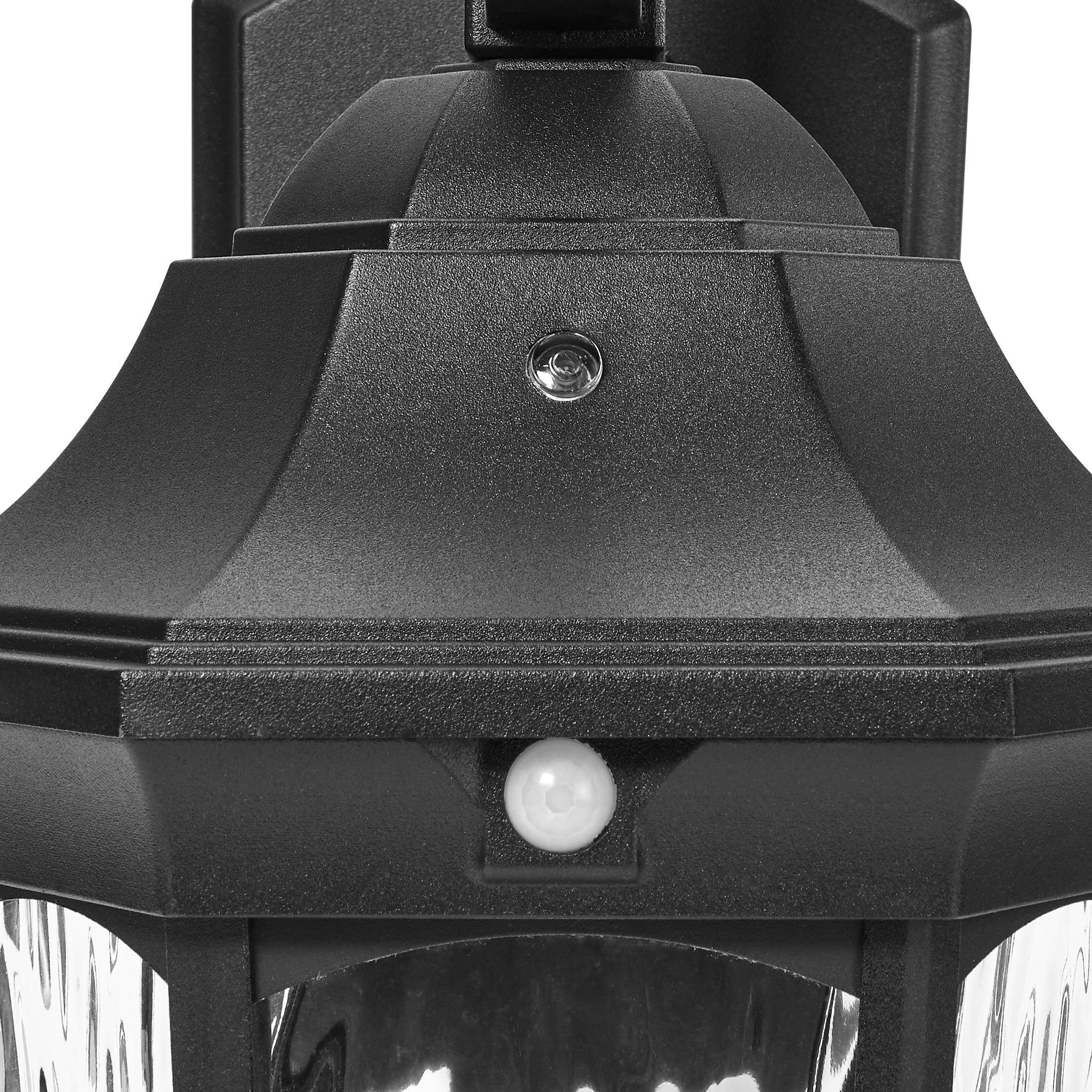 Maxxima LED Motion Sensor Outdoor Wall Light, Dusk to Dawn Sensor, Black w/ Clear Water Glass, 800 Lumens, 3000K Warm White