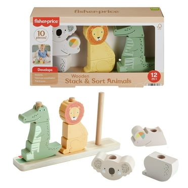 Fisher-Price Wooden Stack & Sort Animals Stacking Toy for Development Play, Baby & Toddler 1Y , 10 Pcs
