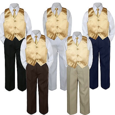 

4pc Boy Suit Set Mustard Yellow Necktie Vest Baby Toddler Kid Formal Pants S-7
