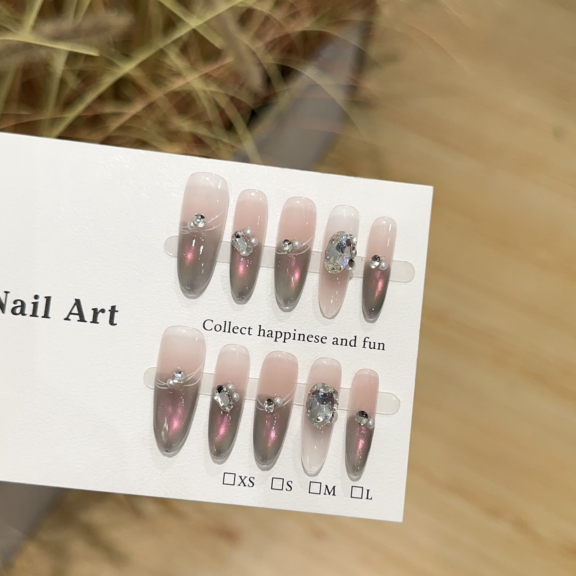 Purely handmade nail, advanced sense nebula gray pink cat eye nail art piece, long light luxury stack diamond fake nail patch