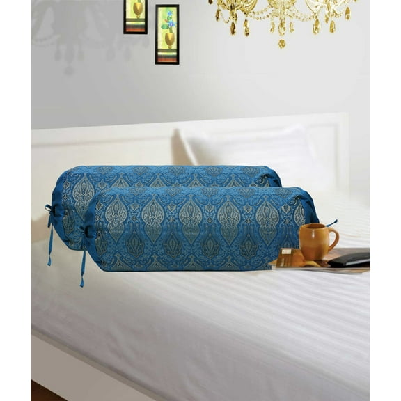 Stylo Culture Ethnic Decorative Brocade Bolster Pillow Covers Turquoise Damask Silk Jacquard Weave Round Tube Pillow Traditional Floral Cylindrical Cushion Covers - (76x38 cm) | Set of 2 Pcs