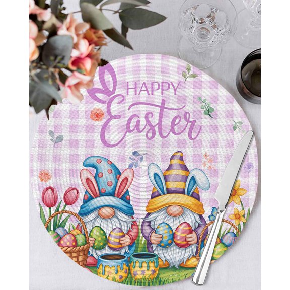 13 Inch Round Placemats Set of 6, Easter Gnomes Bunnies Non Slip Heat Insulation PP Table Mats, Spring Easter Eggs Floral Purple Plaid Washable Place Mats for Kitchen Dining Party Table Decor