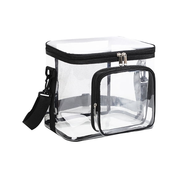 Clear Lunch Bag for Women and Men with Adjustable Shoulder Strap, Plastic Transparent Reusable Lunch Box with Front Zipper Pocket, Black