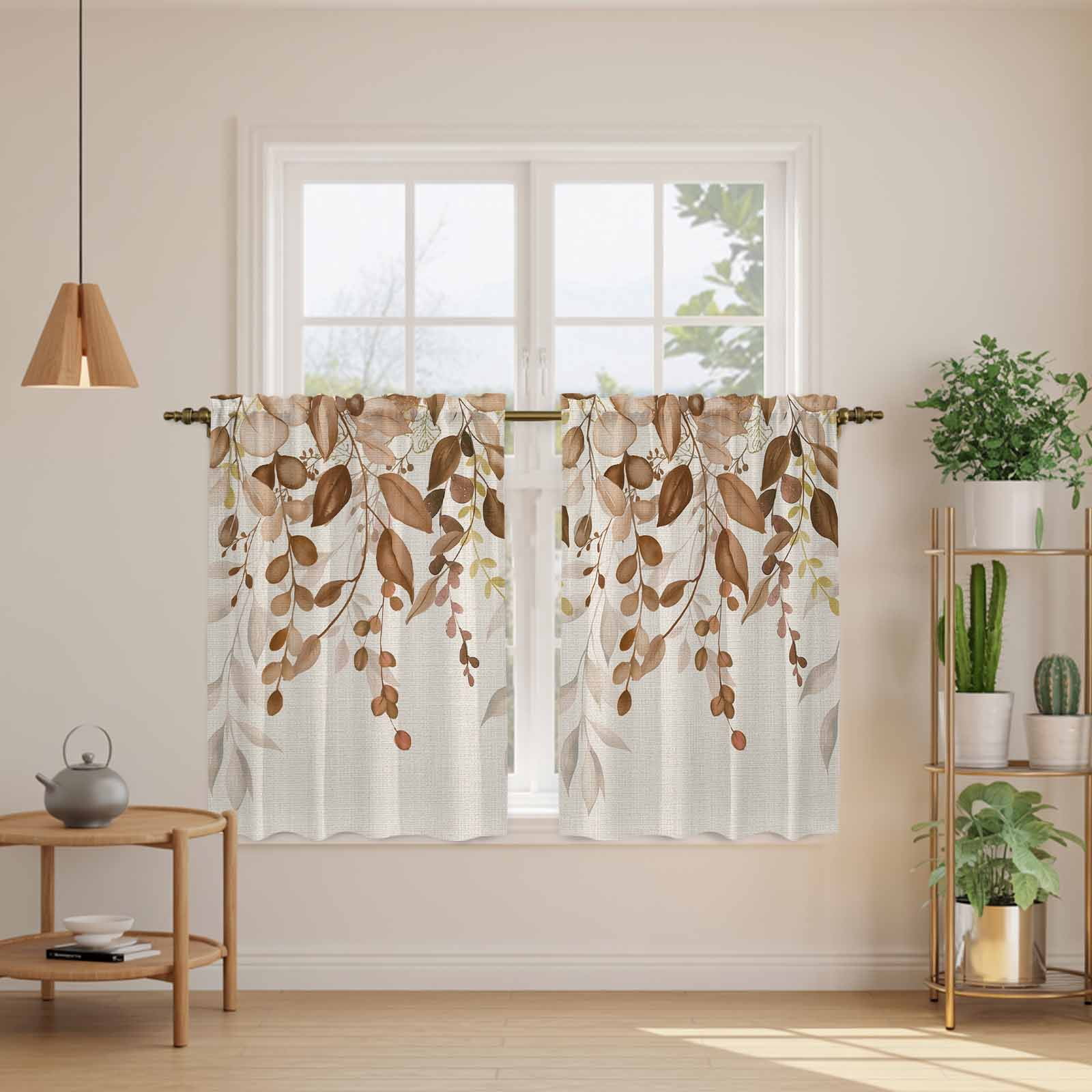 Brown Orange Eucalyptus Kitchen Curtains 54 Inch Length, Farmhouse Weeping Leaves Linen Tiers Curtains for Bathroom Bedroom Cafe, Light Filtering Small Window Treatment Drapes 2 Panels 42"Wx54"L