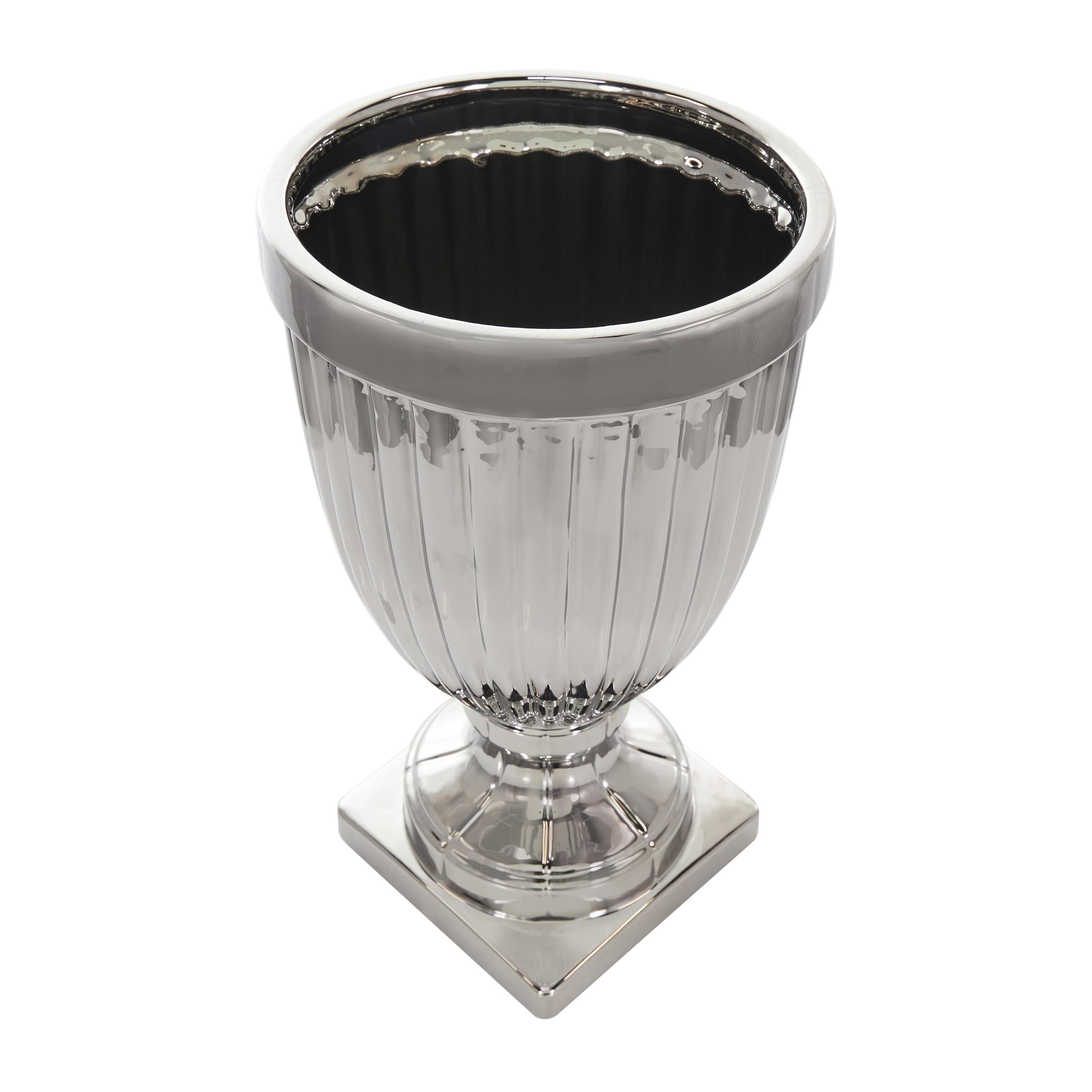 DecMode 12" x 32" Silver Ceramic Tall Decorative Jars with Grooves, 1-Piece