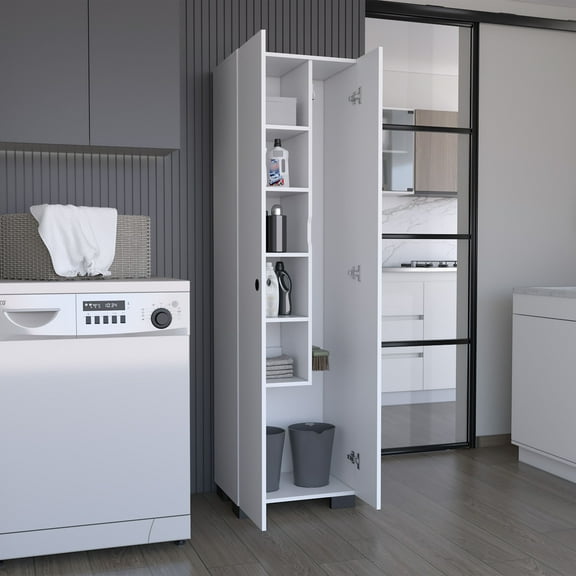 Newboti Furniture Broom Cabinet Double-Door Design with Inner Shelves and Side Hangers, White 44461