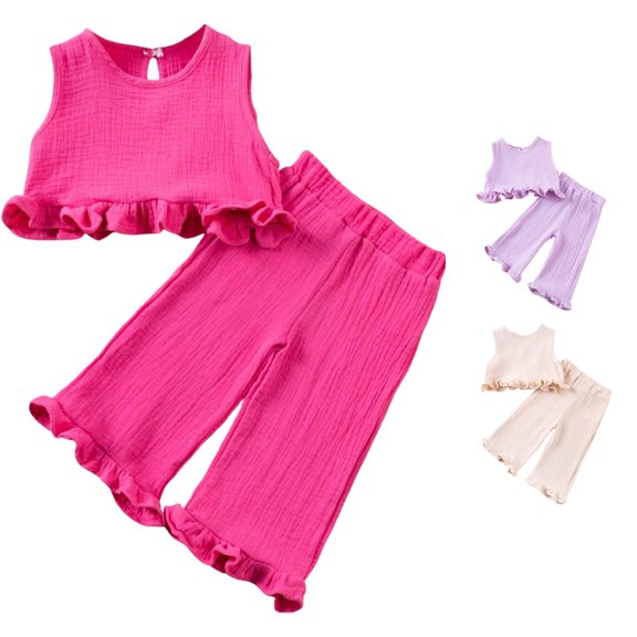 RUTAYY Girls 2 Piece Daily Set Crew Neck Sleeveless Ruffle Crop Top Elastic Waist Ruffle Wide Leg Trousers Kids Playwear Hot Pink