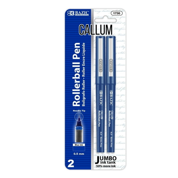 BAZIC Callum 0.5mm Rollerball Pen, Blue Ink Needle Tip Fine Point Ink Pens (2/Pack), 144-Packs