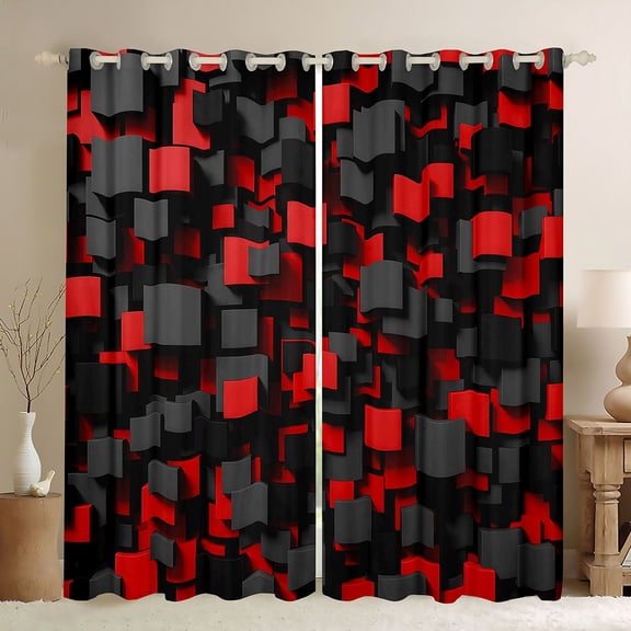 Homewish 3D Plaid Print Kitchen Curtains,Black Red Black Out Curtains Pack of 2 (42x63 Each)