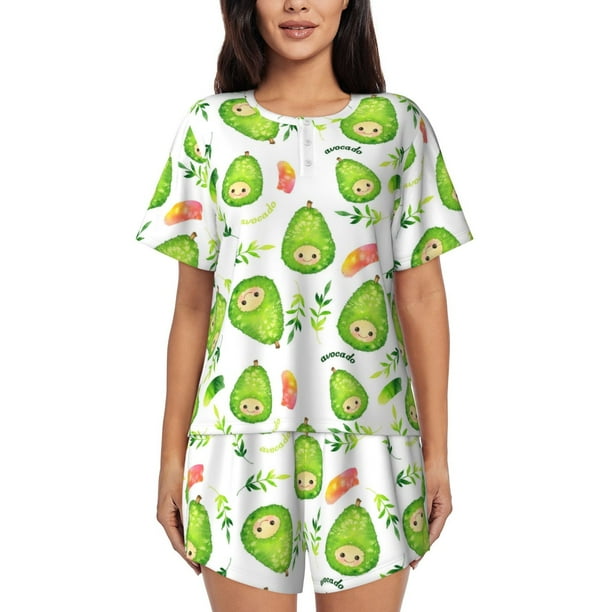 Fotbe Kawaii Avocado Conjunto de Pijama Estampado para Mujer, 2 Piezas, Ropa de Dormir con Camiseta de Manga Corta y Shorts Suaves-Large