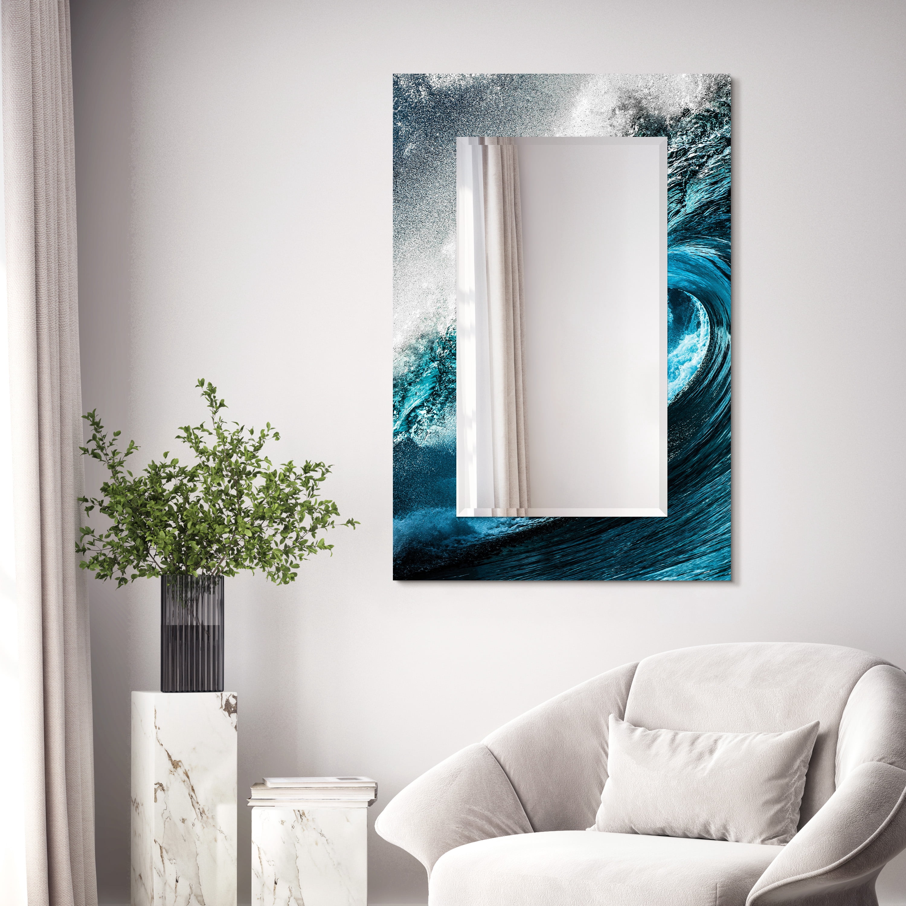 "Sapphire Sea" 48"x 32" Reverse Printed Tempered Art Glass with 36" x 20" Rectangular Beveled Mirror