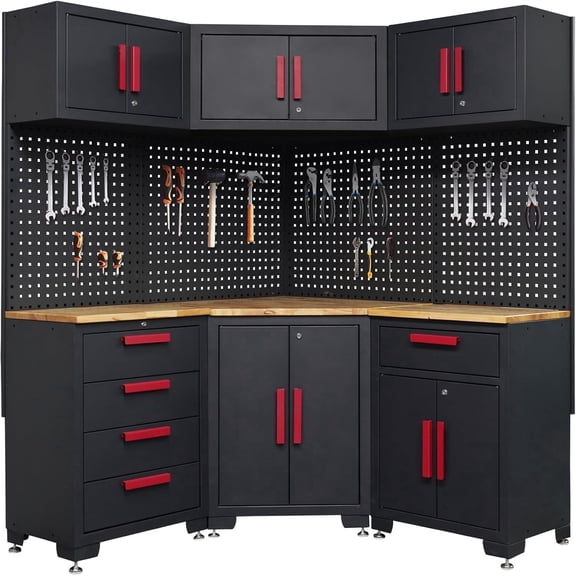 HPDMC Red Garage Cabinet Storage System 10-Pcs Corner Workshop Set Garage Cabinet and Storage System for Tool Organization