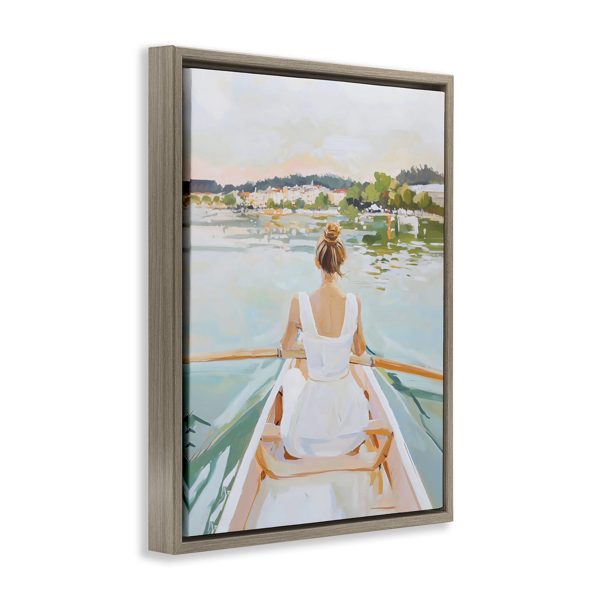 Stupell Industries Girl In Peaceful Canoe Ride Brown Framed Floater Canvas Wall Art, design by The Prints Vibe