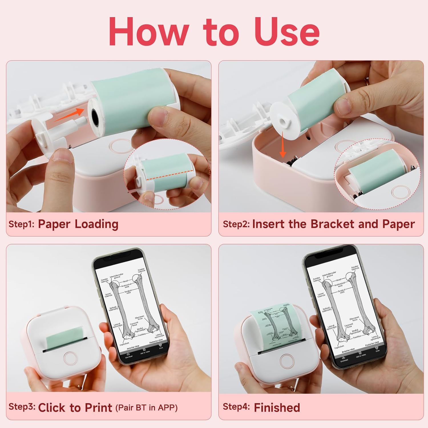 Mini Thermal Printer - T02 Mini Printer Sticker Maker Thermarote Mini Printer Bluetooth Wireless Phone Printer Small Portable Instant Pocket Printer for Anatomy Study, Photo, Children, Pink