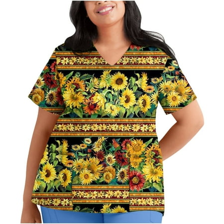 

T-Shirt Women Scrubs Top Nurses Clothing Working Uniform Top Care Workwear Summer Printed Short Sleeve V-Neck Top Fashion Large Size Tee Blouses With Pockets