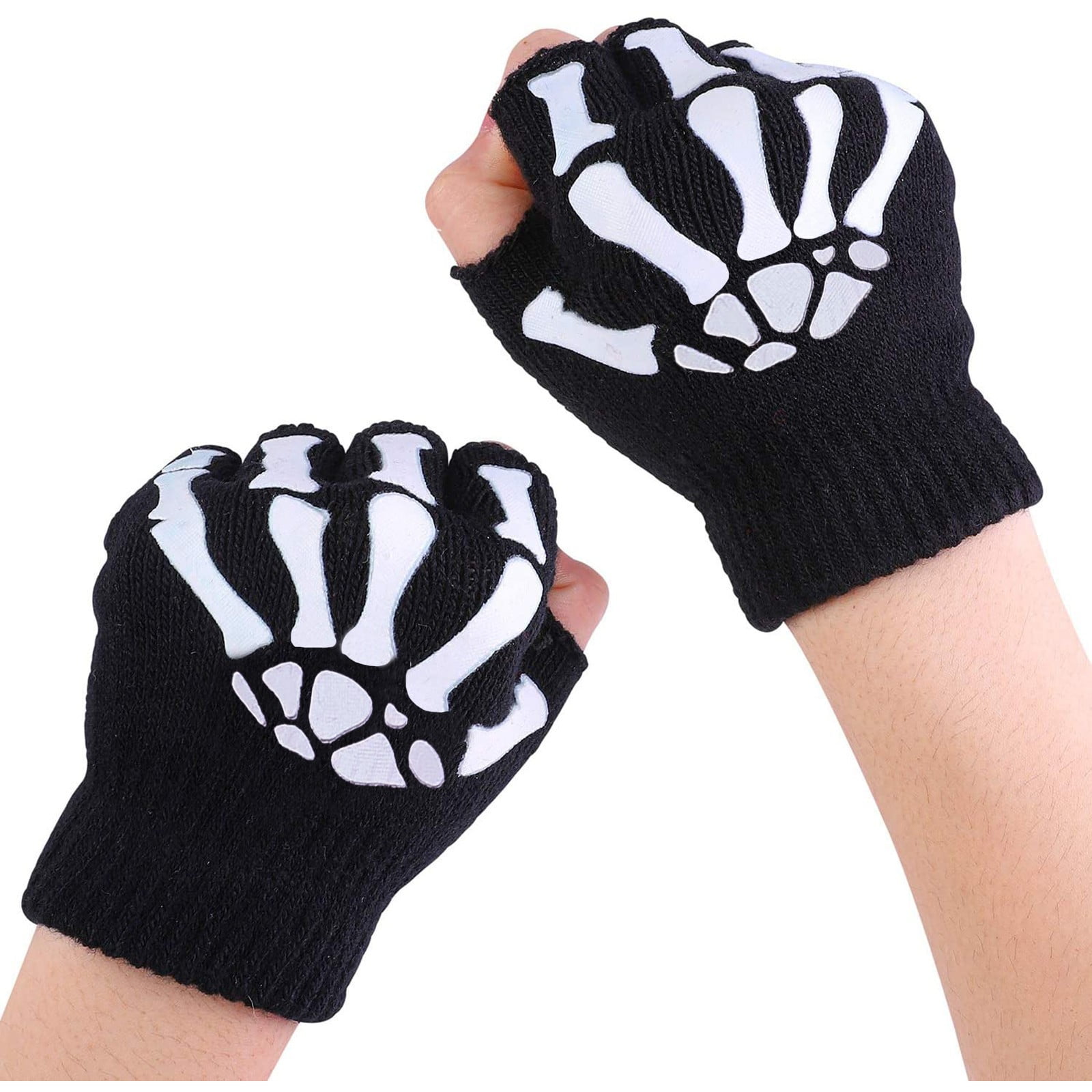 Details about   1/2/5 Pairs Kids Skeleton Warm Glow in The Dark Fingerless Knitted Gloves Mitten