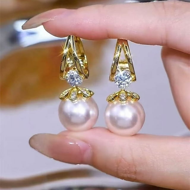 Aretes de Gota con Arco, Perla Sintética, Aros Huggie con Estras y Electrodepósito para Mujeres, Niñas, Damas