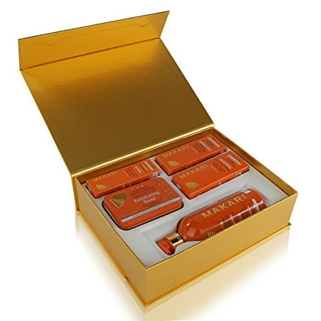 Makari Extreme Carrot & Argan Oil Skin Toning Gift Set - Complete Lightening, Brightening & Tightening Regimen with 16.8oz Body Milk, 1.7oz Cream, 1.7oz Serum, 1.0oz Gel & 7oz. Exfoliating