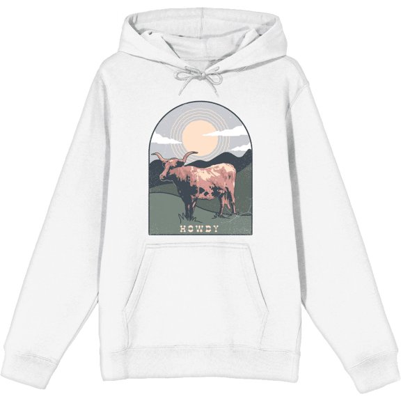 Western Howdy Cow Adult White Long Sleeve Hoodie-Large