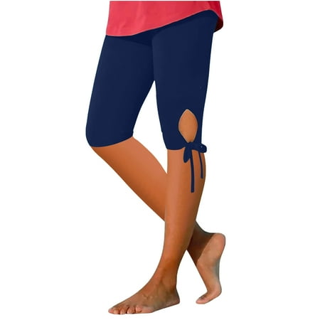 Pxkloy Capri Leggings for Women Tummy Control High Waisted Yoga Shorts Summer Stretch Tight Leggings Capri Pant with Bow-Knot Dark Blue XXL