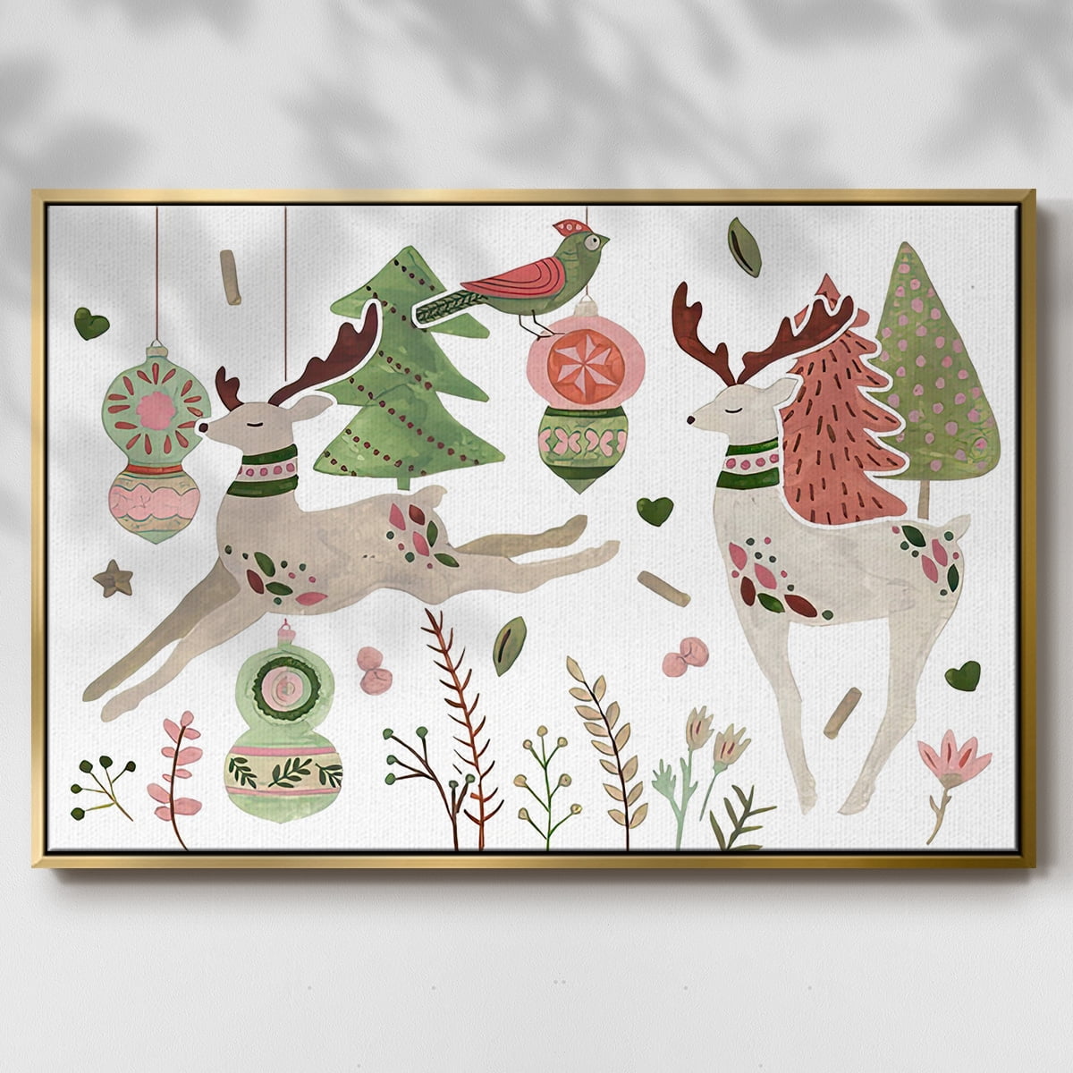 Reindeer Wishes Collection A - Framed Gallery Wrapped Holiday Canvas - 27 x 41 - Gold Frame