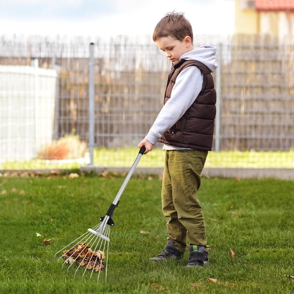 ibasenice Adjustable Telescopic Leaf Rake with Aluminum Handle and Stainless Steel Teeth for Easy Yard Cleanup