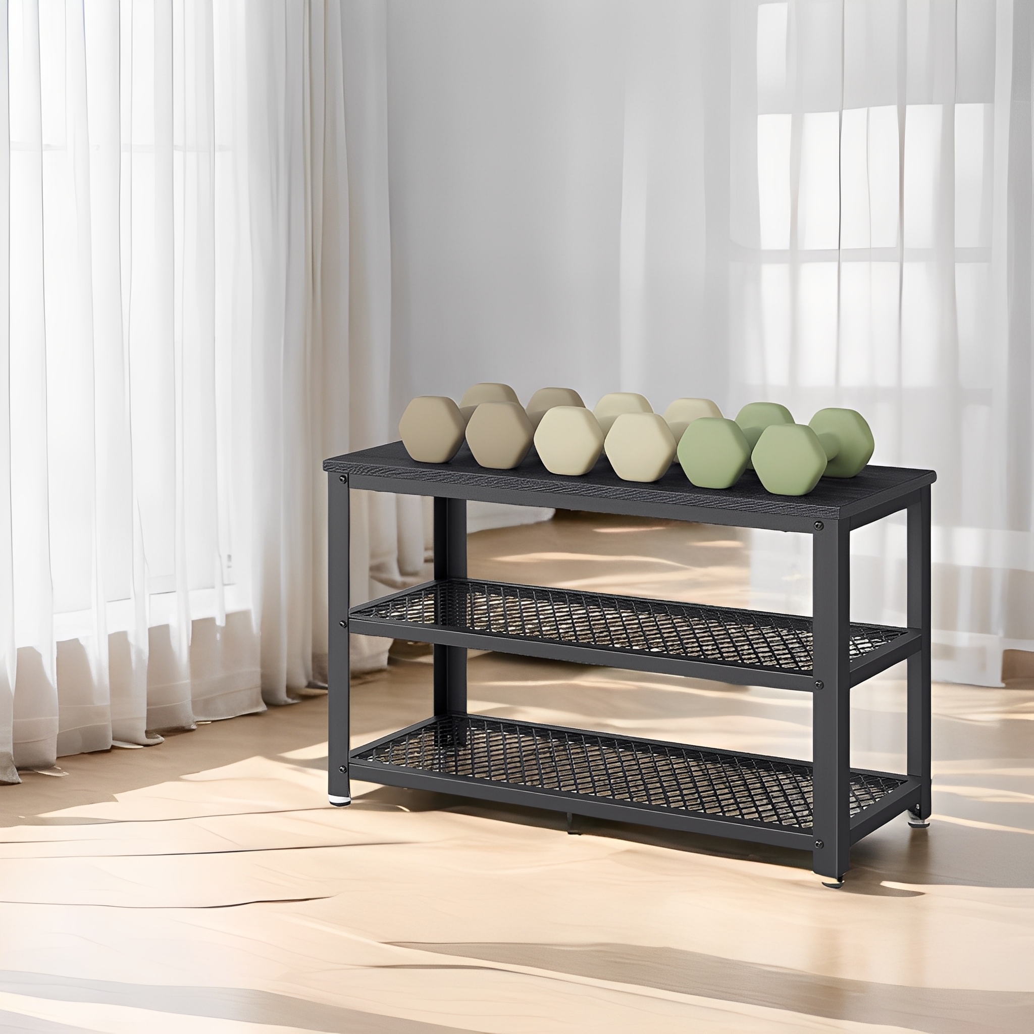LEDREM 3-Tier Shoe Rack Bench with Seat , Free Standing Shoe Organizer Storage Shelf for Entryway Hallway , Holds 6-8 Pairs , Black
