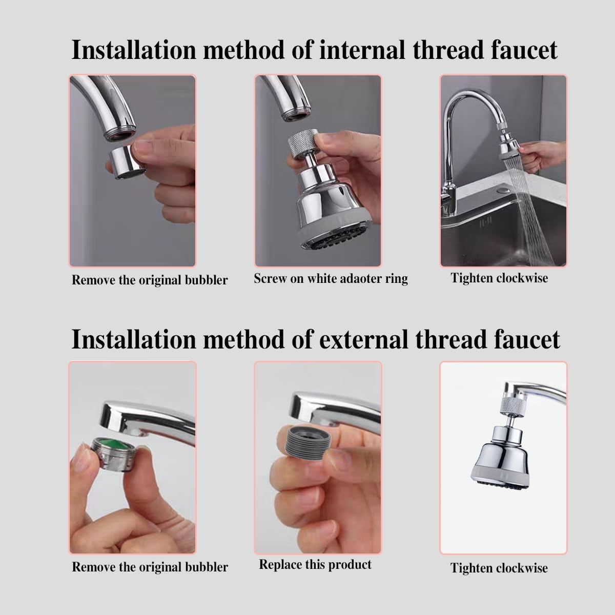 Faucet Aerator Sprayer Attachment, Kitchen Head Replacement with 4 Spray Modes, 360° Swivel Extender Anti-Splash Sink Nozzle (Diamond, Silver)