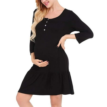 

HANXIULIN Women s Summer Leisure Fashion Round Neck Solid Color Multi Functional Mom Breastfeeding Medium Long Sleeve Dress Black S