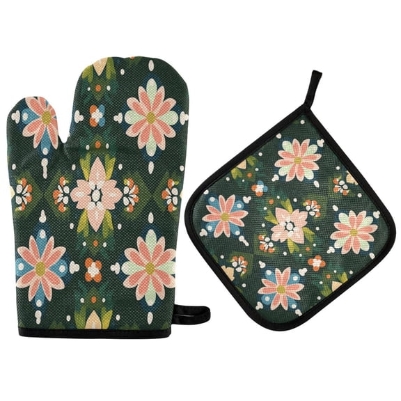 Yayeee Oven Mitts and Pot Holder Set of 2 Heat Resistant Kitchen Gloves Baking Hot Pad, Pink Geometric Flowers