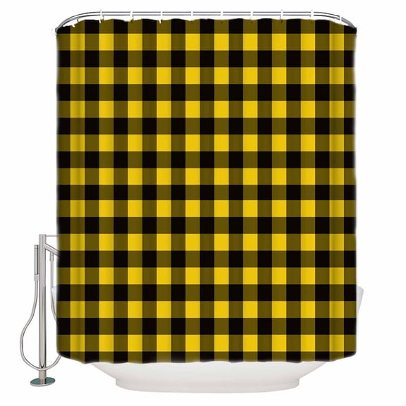 Black Yellow Plaid Bathroom Shower Curtains with 12 Hooks Polyester Waterproof Shower Curtain for Stalls and Bathtubs Retro Country Buffalo Check Gingham Decorative Bathroom Curtain 66x72 Inches