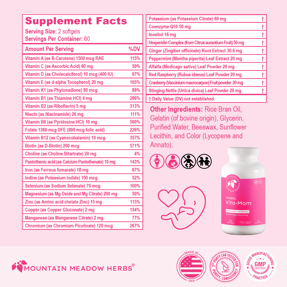 Mountain Meadow Herbs Herbal Vita-MOM | Herbal Prenatal Vitamins for Women: Unique Blend of Folic Acid, Vitamins, Iron & Herbs in Soft Gel Caps | 2-month Supply (120ct.)