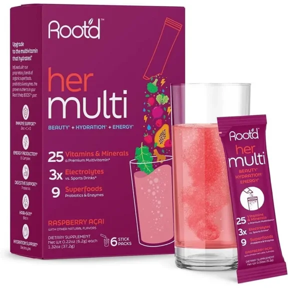 Root'd Multivitamin Powder for Women - 25 Vitamins & Minerals with 3X Electrolytes, 9 Organic Superfoods, Probiotics & Enzymes, Sugar-Free Multivitamin & Hydration | 6 Vitamin Drink Mix Packets