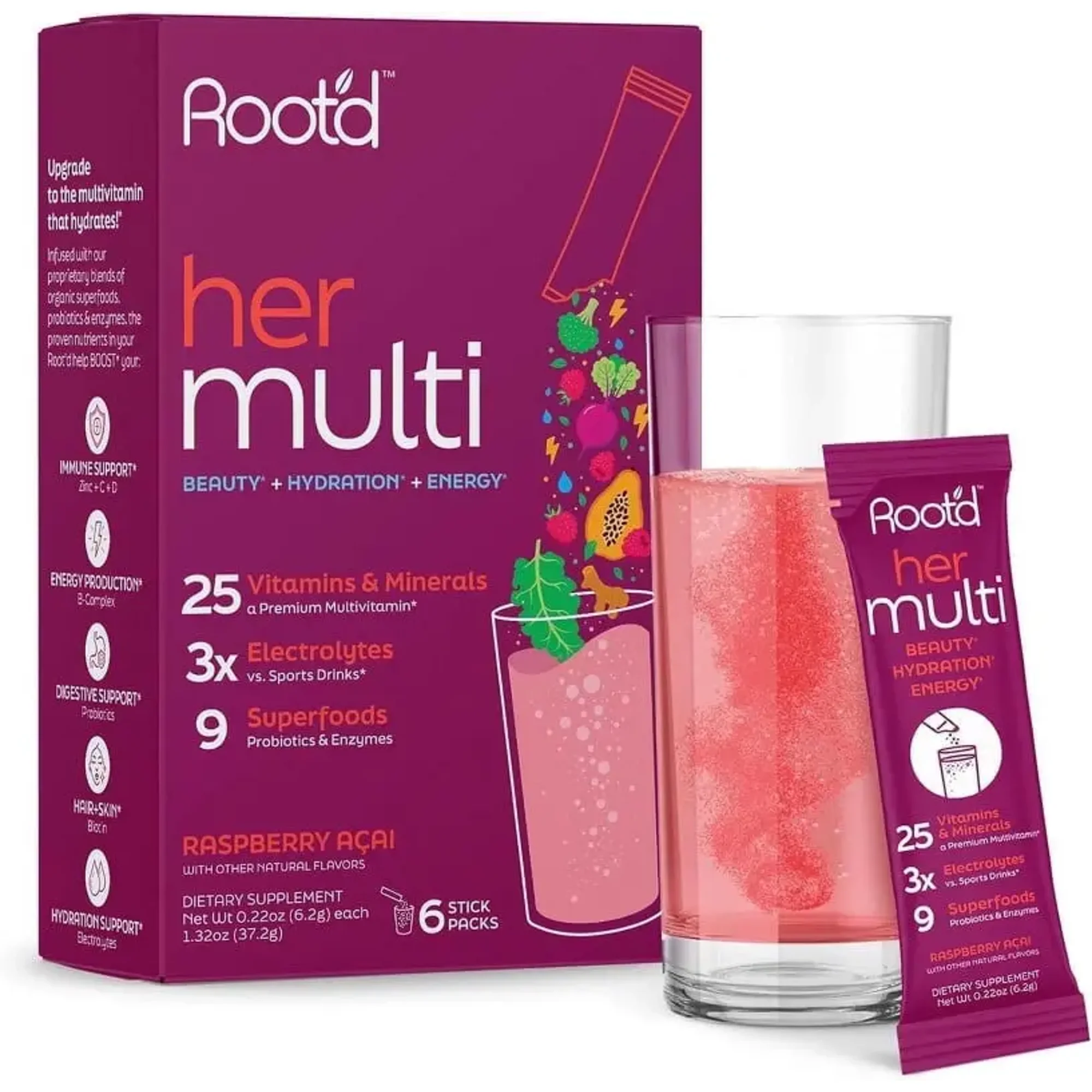 Root'd Multivitamin Powder for Women - 25 Vitamins & Minerals with 3X Electrolytes, 9 Organic Superfoods, Probiotics & Enzymes, Sugar-Free Multivitamin & Hydration | 6 Vitamin Drink Mix Packets