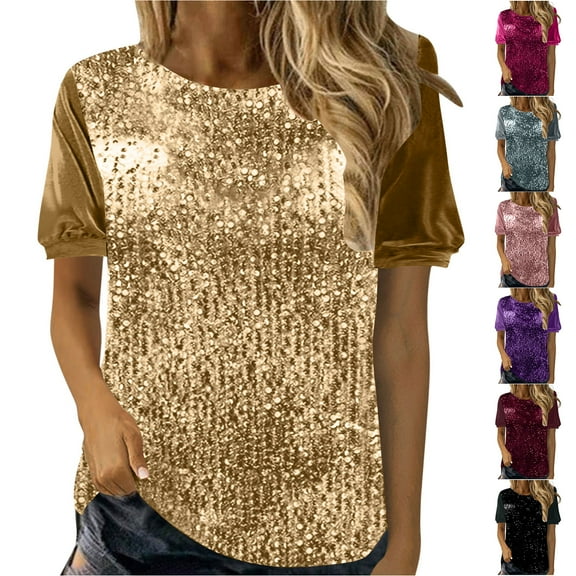 Otntypg Sequin Tops for Women Casual Velvet Patchwork Summer Puff Short Sleeve Crew Neck Solid Color Tunic Blouse Loose Oversized Comfy Pullover T-Shirts Blue L