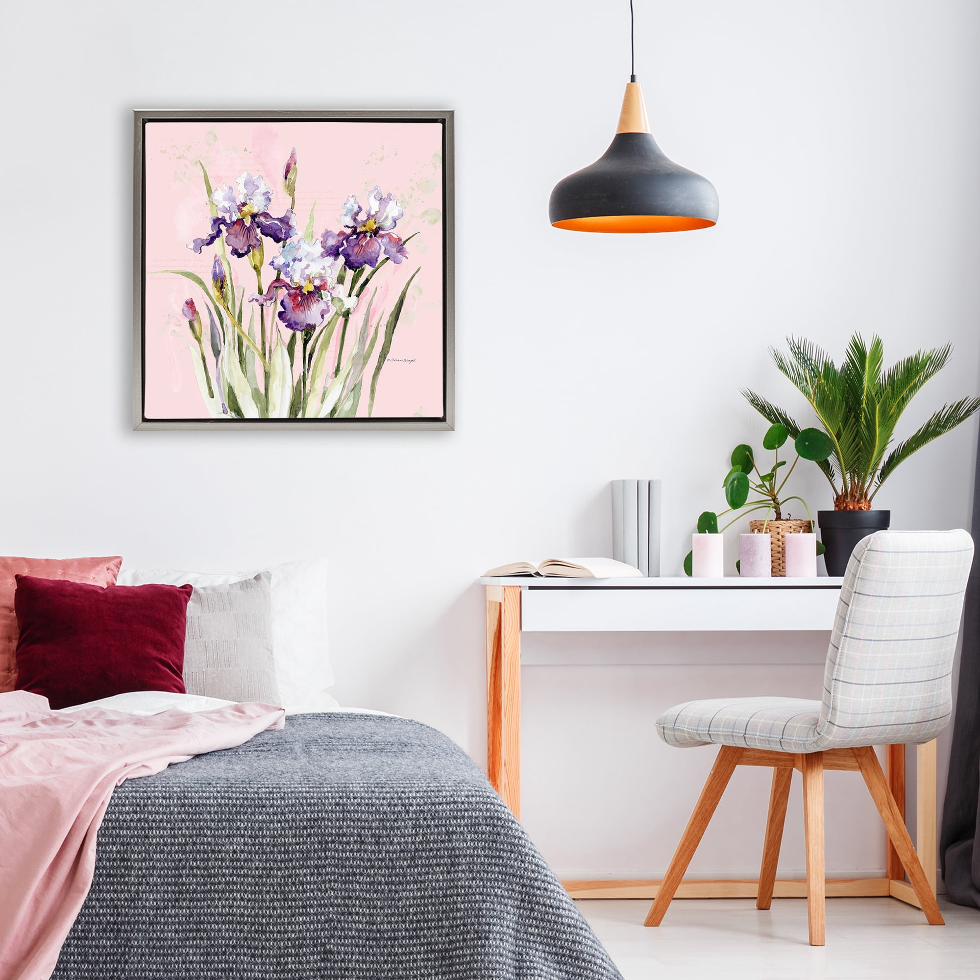 Stupell Industries Purple Irises on Pink Gray Framed Floater Canvas Wall Art, design by Susan Winget