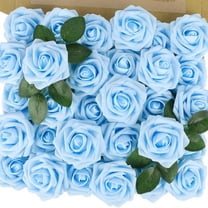 [Realistic Foam Roses] 50pcs Realistic Foam Light Blue Roses - Artificial Flowers with Lush Green Leaves for DIY Wedding Bouquets, Bridal Showers, Home & Office Decorations, Bouquet Accessories