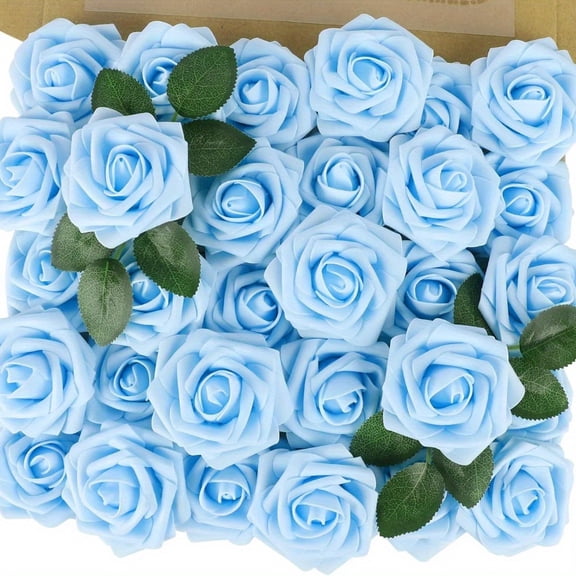 [Realistic Foam Roses] 50pcs Realistic Foam Light Blue Roses - Artificial Flowers with Lush Green Leaves for DIY Wedding Bouquets, Bridal Showers, Home & Office Decorations, Bouquet Accessories