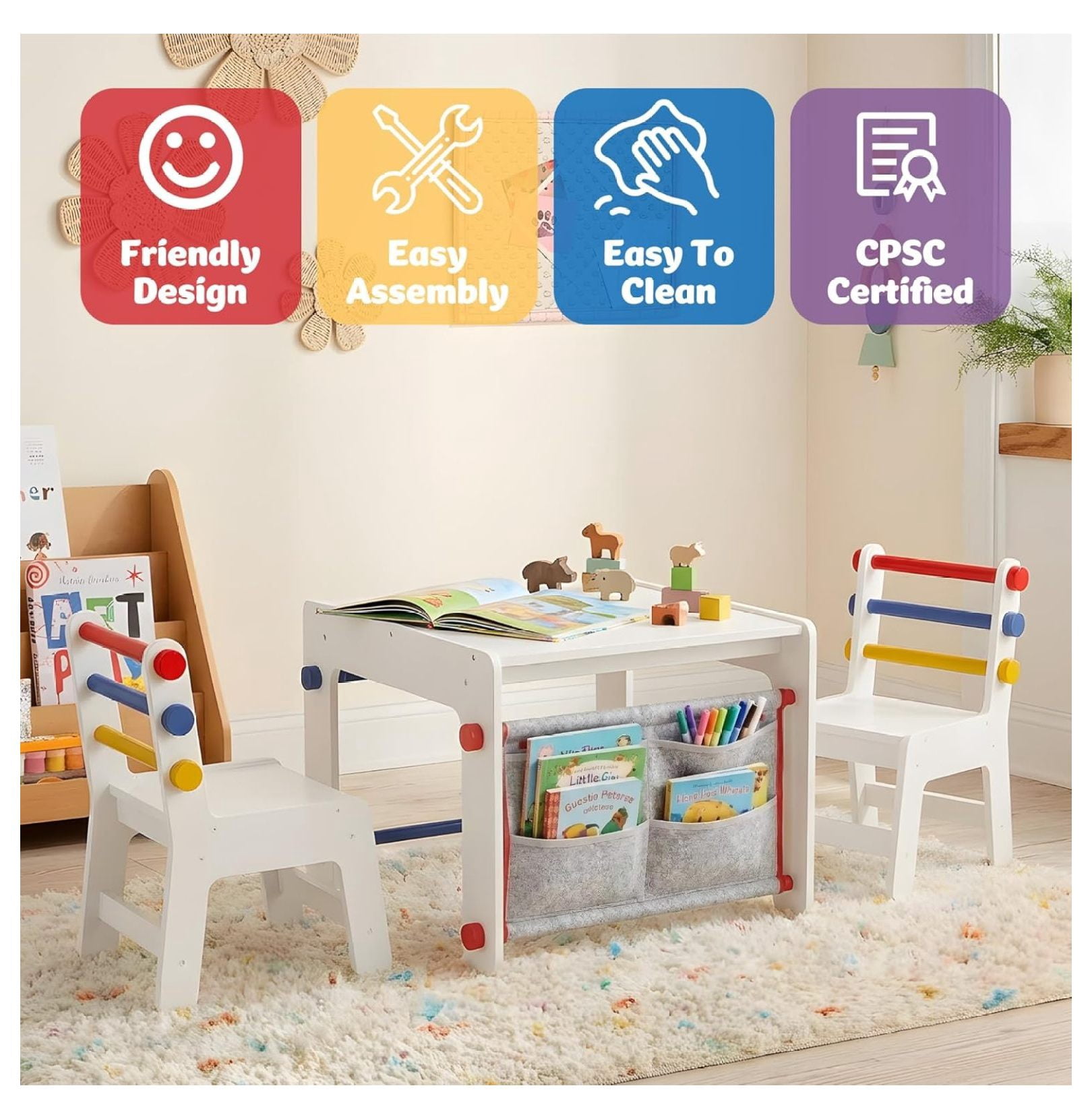 Kids Table and Chair Set 4-in-1 with Storage, Wooden Activity Table for , Arts, Drawing, Reading, Toddler Furniture for Playroom, , Gift for Boys & Girls (Age 3+)