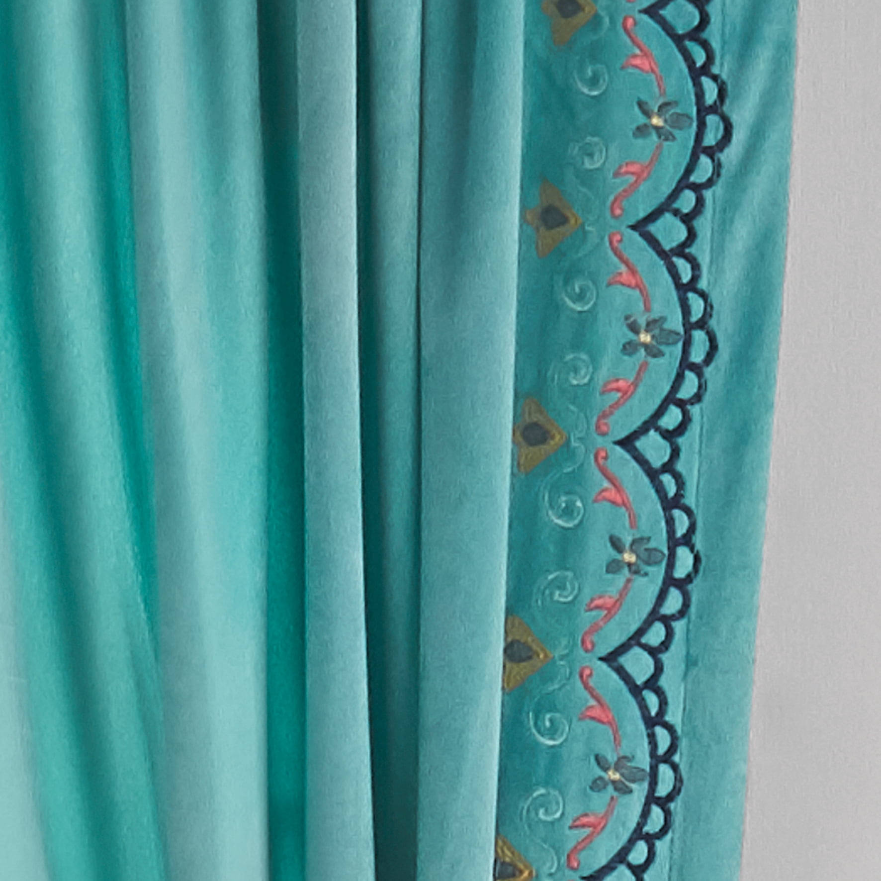 The Pioneer Woman Embroidered Velvet Light Filtering Rod Pocket Window Curtain Panel, Set of 2, Teal Topaz, 40 x 84