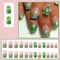 24pcs St.Patrick's Fake Nail for Women Girls,Green Clover Press on Nails,Reusable Spring Daily Wear False Nails,French Short Square Glossy Acrylic Glue on Nails for Holiday Engagement Party