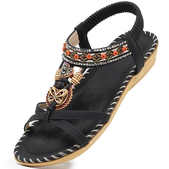 Northblanc Womens Flat Sandals Comfortable Summer Bohemian Elastic Ankle Strap Casual Daily Walking Shoes