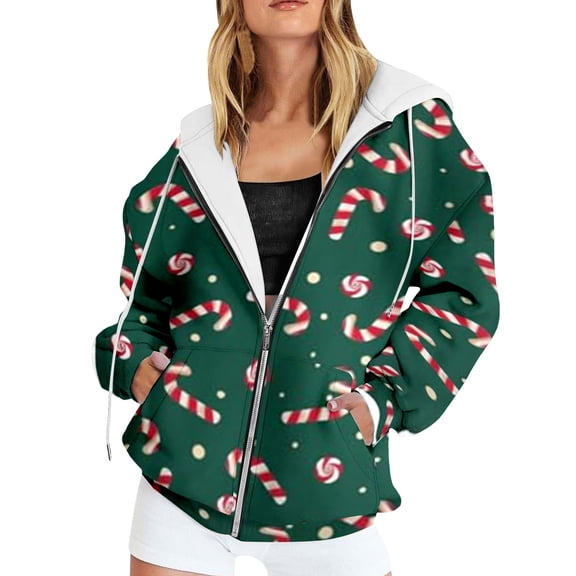 Womens Oversized Sweatshirts Christmas Print Long Sleeve Full Zip Up Hoodies Fall Fashion Jackets Winter Y2k Clothes